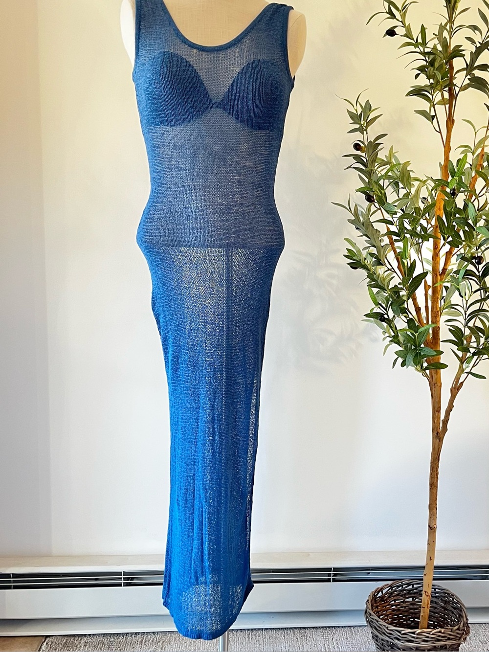 Sheer Blue Knit Maxi swim coverups Dress - Elegant Summer Layering